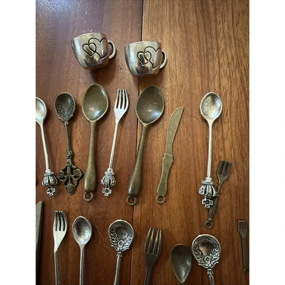Tiny Silverware Teacup Charms Mixed Metals Fork Spoon Knife Ladle 22 Charms